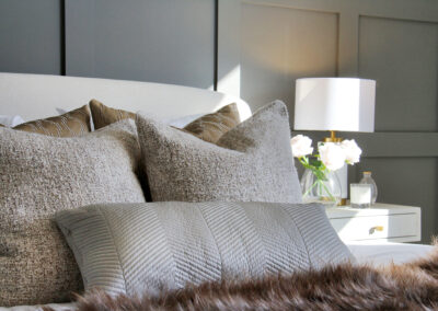 Professionally staged home by Beau Property Home Staging. Show home bedroom close up of pillows